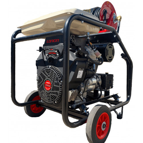Multi Wash Industrial Twin-Cylinder Pressure Washer - Loncin LC2V80FD-1 41 LPM Interpump Trolley Frame + 40M Reel (Electric Start)